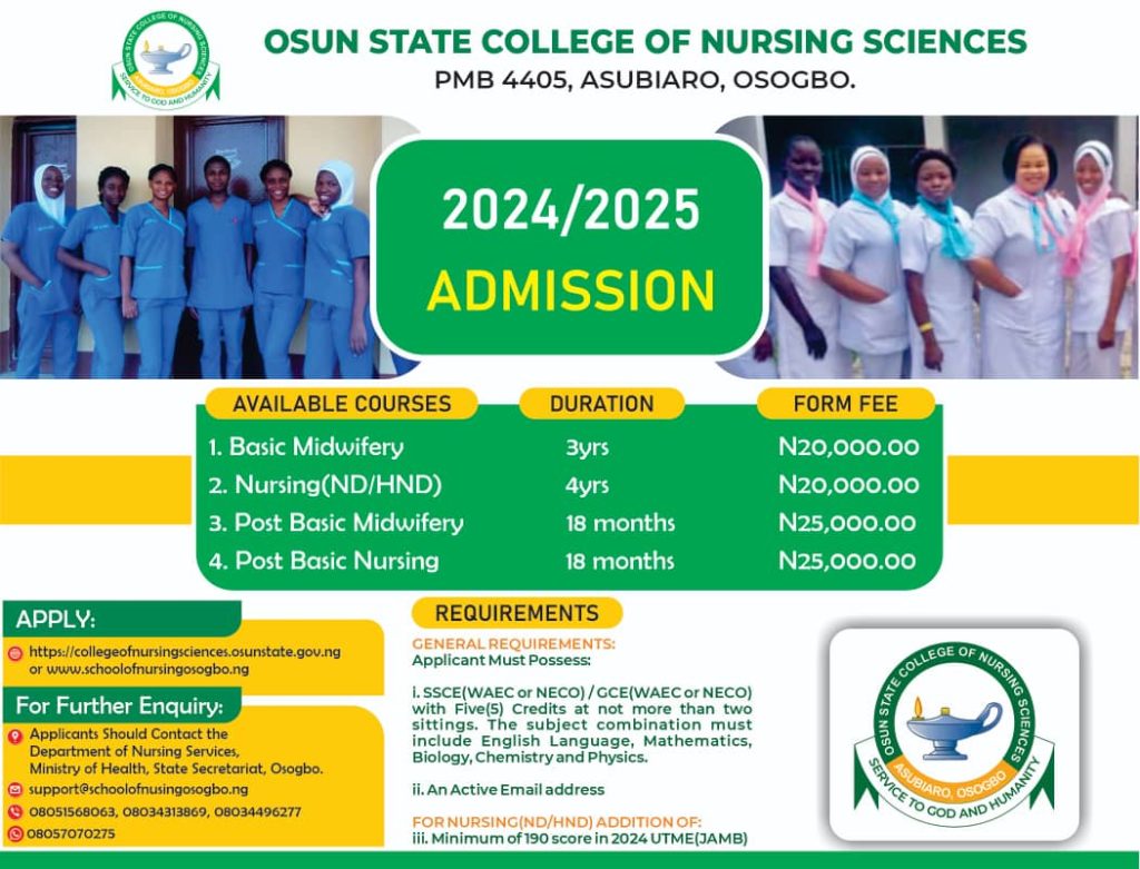 Osun College of Nursing Sciences, Asubiaro 2024/2025 Admission Form Is Out